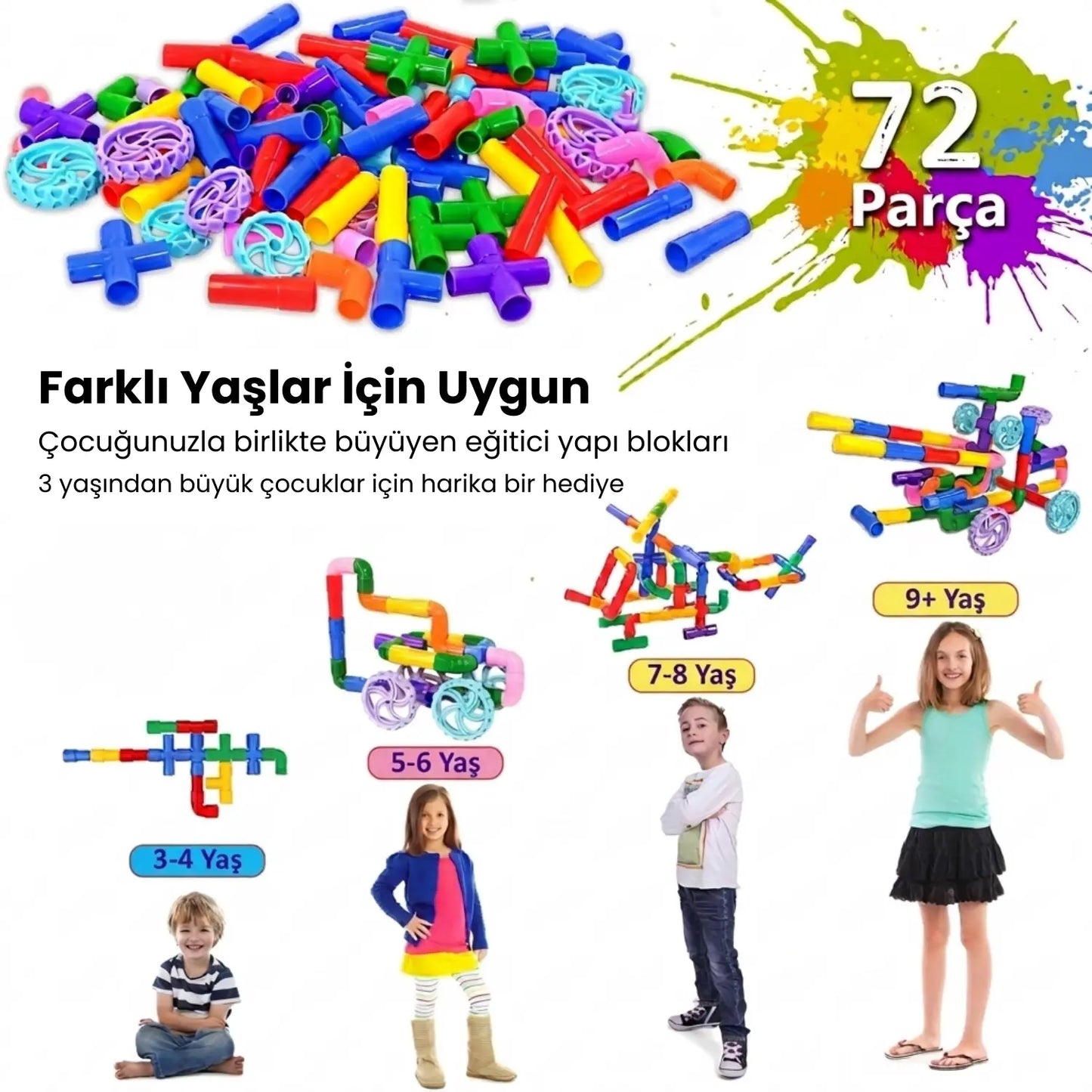 Kiddology - 72 Parça Oyun Yapı Blokları - Renkli Tekerlekli Boru Blokları Eğitici Öğretici Oyuncak Kiddology | Oyunun Akıllı Hali