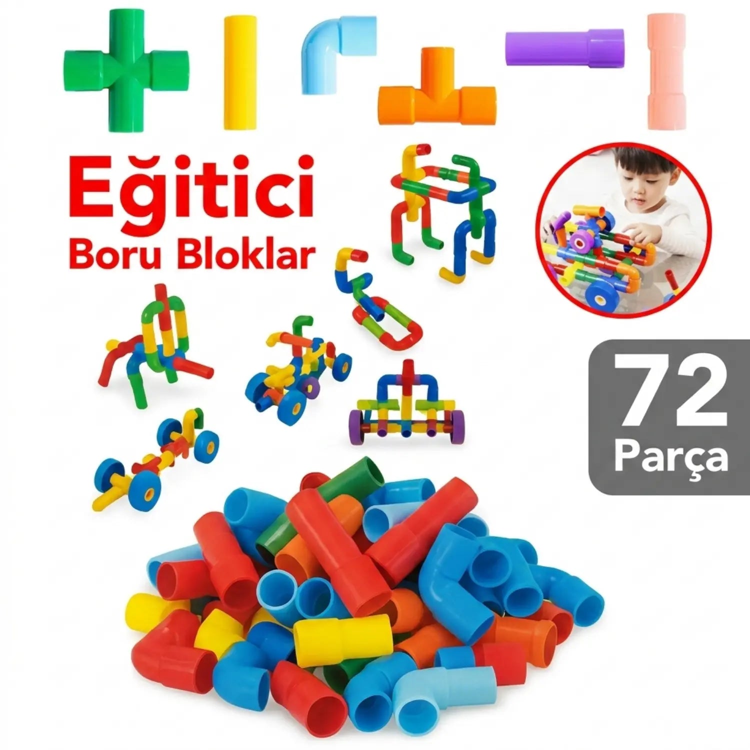 72 Parça Oyun Yapı Blokları - Renkli Tekerlekli Boru Blokları Eğitici Öğretici Oyuncak - Kiddology | Oyunun Akıllı Hali