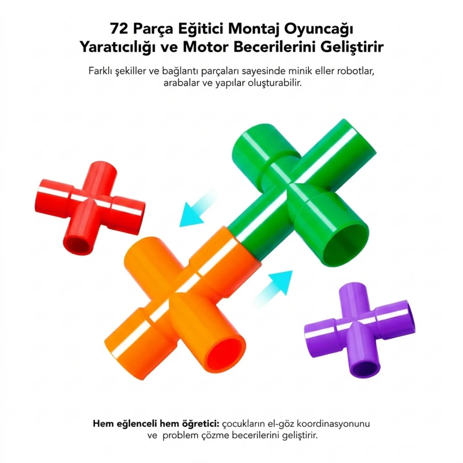 72 Parça Oyun Yapı Blokları - Renkli Tekerlekli Boru Blokları Eğitici Öğretici Oyuncak - Kiddology | Oyunun Akıllı Hali