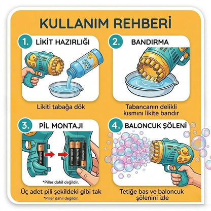Kiddology Duck Pilli Köpük Tabancası | 23 Delikli Otomatik Bubble Gun Kiddology | Oyunun Akıllı Hâli