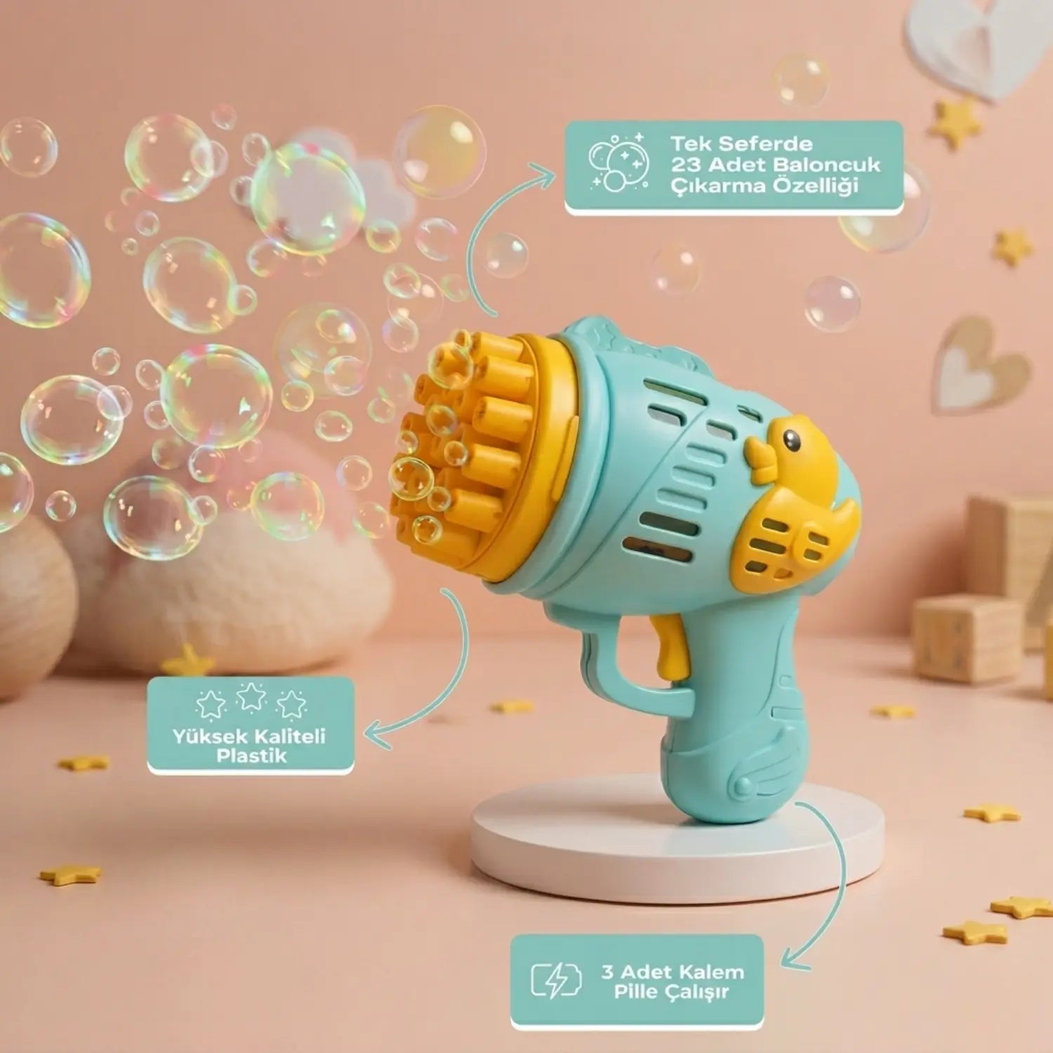 Kiddology Duck Pilli Köpük Tabancası | 23 Delikli Otomatik Bubble Gun Kiddology | Oyunun Akıllı Hâli